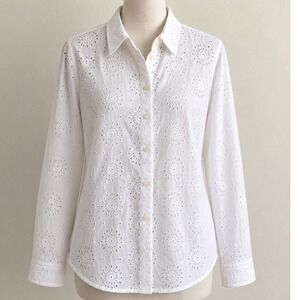 On-34th Womens White Eyelet Cotton Button Down Shirt Long Sleeve Size L